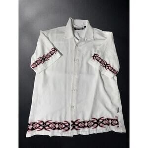 Vintage Y2K Dragonfly Shirt Mens L White Tribal Flame Button Up